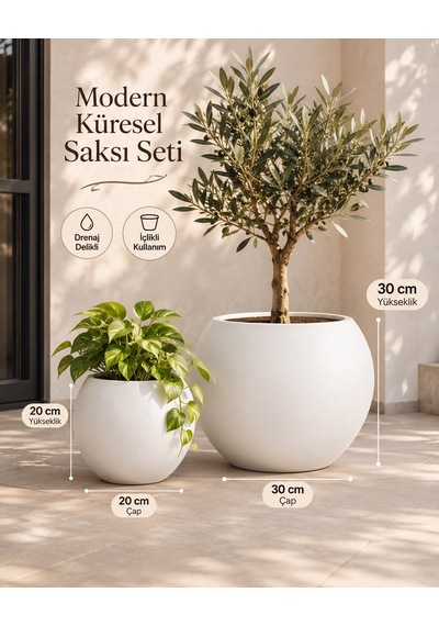 2 Li Küresel Saksı Seti Beyaz 20 Cm Ve 30 Cm Dekoratif Saksı, Siyah İçlikli, Modern Yuvarlak Saksı Takımı -
