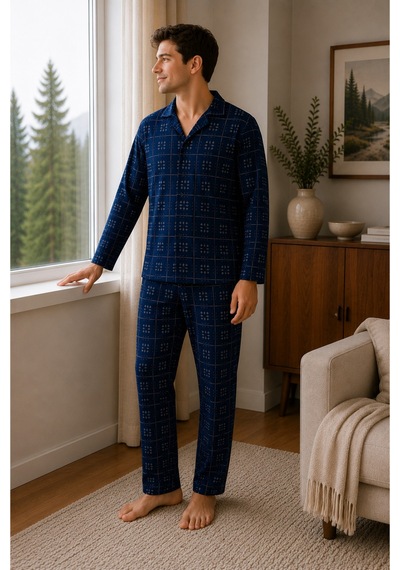 Free Beka Ekose Desenli Uzun Kollu Gömlek Yaka Düğmeli Erkek Pijama Takımı Lacivert