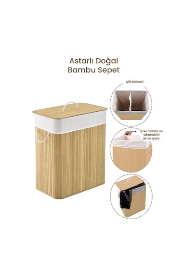 Çamaşır Sepeti Doğal Bambu Katlanabilir Kirlilik, Yıkanabilir Çıkarılabilir Astar Torbalı, Sele Görünümlü Şık Ve Dayanıklı Çamaşır Sepeti, Kapaklı Ve Ergonomik Tasarım Natural