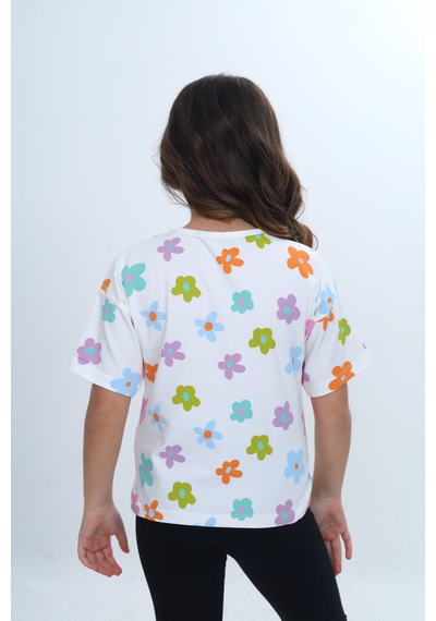 Toontoy Kids Toontoy Kız Çocuk Bisiklet Yaka Kısa Kollu Baskılı Tişört 24980 Ekru