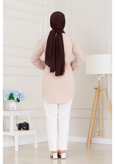 Sevitli Cepken Detaylı Bağlamalı Keten Tunik-bej-5114 Bej