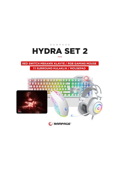 Rampage Hydra R6 Beyaz Red Switch Rm-k19 Beyaz Kulaklık Makrolu Rgb Mouse + Mousepad 4lü Oyuncu Seti Optik