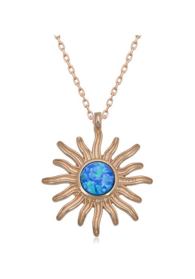 Gümüş Rose Mavi Opal Taşlı Güneş Kadın Kolye Gümüş