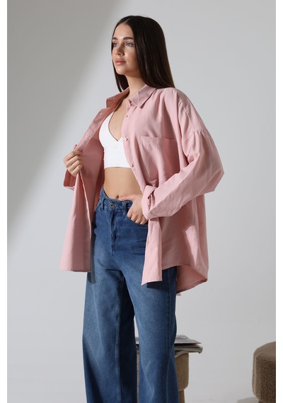 Yeni Sezon Poplin Kumaş Çift Cepli Oversize Pamuklu Kadın Tunik Gömlek Açık Pembe