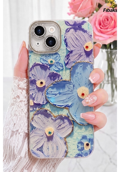 Fibaks iPhone 13/14 Uyumlu Kılıf Renk Değiştiren Taşlı Kamera Lens Korumalı Mavi Çiçek Desenli Darbe Emici Kapak