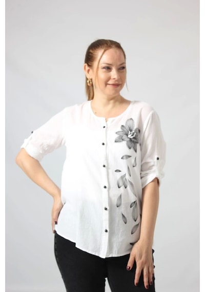 Moda Berray 3293 Beyaz Çiçek Baskılı Organik Keten Kumaş Mevsimlik Gömlek Beyaz