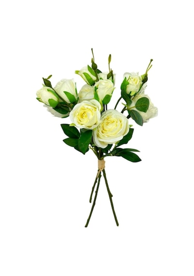 Yapay Çiçek Beyaz Gül 8 Gül 4 Tomurcuklu Lüx Demet Gelin Çiçeği Buketi Masa Üstü Vazo Çiçeği 47cm