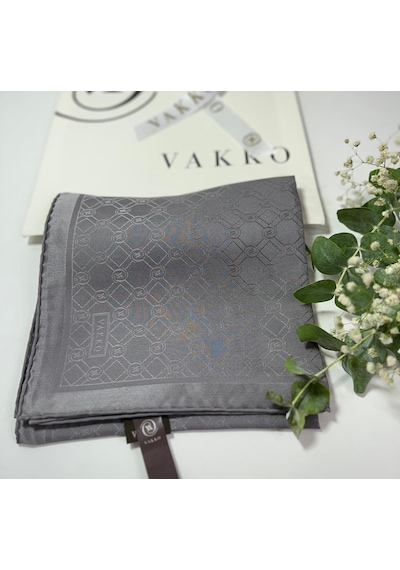 Vakko 90x90 Jakarlı Saf İpek Eşarp - 05493 - 68x200 / Gri Gri
