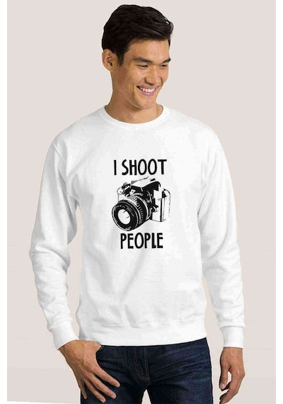 I Shoot People Fotoğraf Makinesi Baskılı Beyaz Erkek Örme Sweat