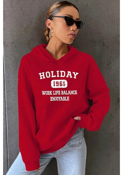 Uyguntarz Holiday Baskılı Unisex Oversize Sweatshirt Kırmızı