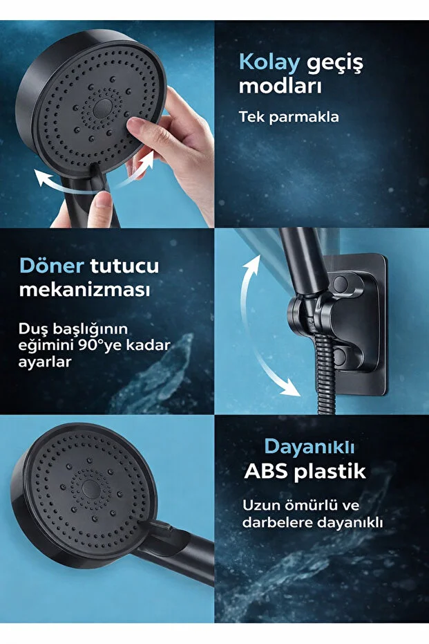 Duş Başlığı Seti Siyah 5 Fonksiyonlu Hortumlu Mafsal Tutuculu