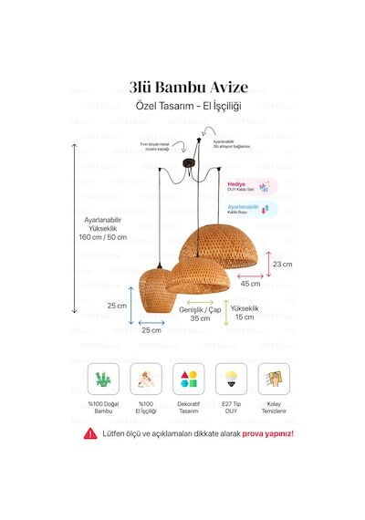 Bohem Bambu Boja Pendant 3'lü Set Sarkıt Avize Lamba - Iskandinav, Modern, Bohem, Rattan Aydınlatma Bej