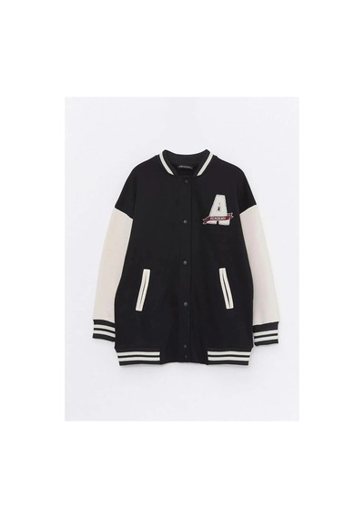LC Waikiki Lcw Modest Siyah Bomber Yaka Nakışlı Kadın Kolej Ceket