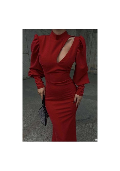 DefyModa Kadın Simli Kumaş Degaje Yaka Dekolteli Maxi Abiye Elbise Kırmızı