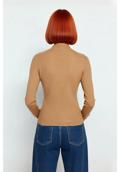 Ersefa Kadınlar İçin Dik Yaka Uzun Kollu Fitilli Dokuma Fitted Kesim Tri Camel