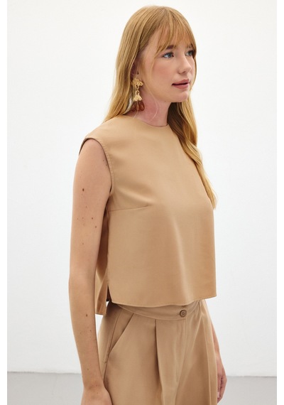 Sateen Kolsuz Salaş Bluz - Camel-136434 CAMEL