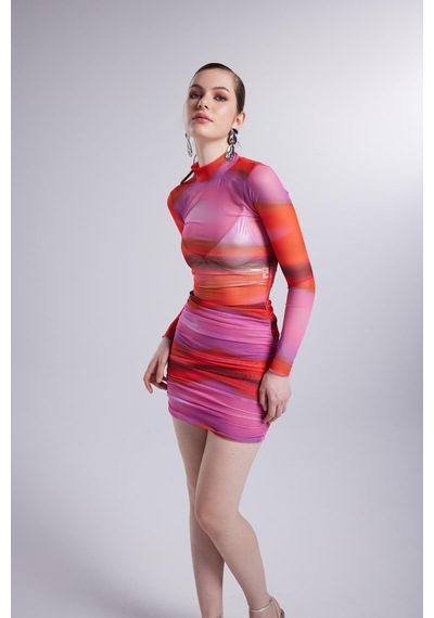 Holly Lolly Balıkçı Yaka Astarlı Mini Çok Renkli İkili Inferno Takım Pembe