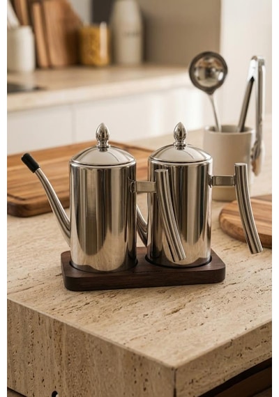 Atbyhome 2'li Çelik 3 Parça 500ml Standlı Çok Amaçlı Demlik Yağlık Yağdanlık Seti