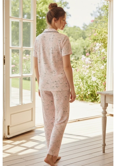 Siyah İnci Düğmeli Biyeli Viskon Örme Pijama Takım 26120766 Pembe