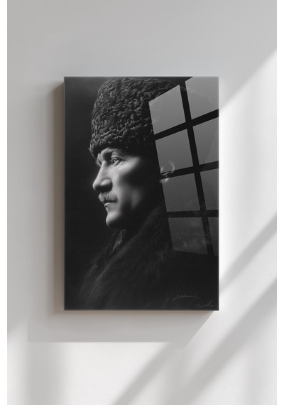 Atatürk - Siyah Beyaz Dikey Duvar Dekoratif Cam Tablo - Mustafa Kemal Portre Kırılmaz Temperli Klasik Ofis Salon Koridor Uv Baskılı Hediyelik