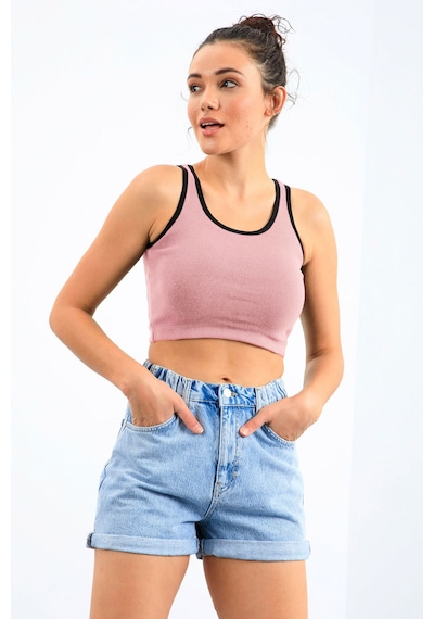 Tommy Life Pudra Basic Sıfır Kol Dar Kalıp U Yaka Kadın Crop Top Atlet - 97162 Pudra