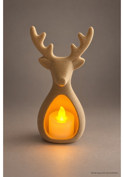 Geyik Figürlü Dekoratif Led Mumluk Bej, Çıkarılabilir Led Tea Light