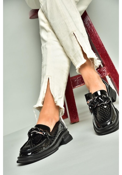 Fox Shoes U704137508 Siyah Rugan Loafer Makosen Kadın Ayakkabı Siyah