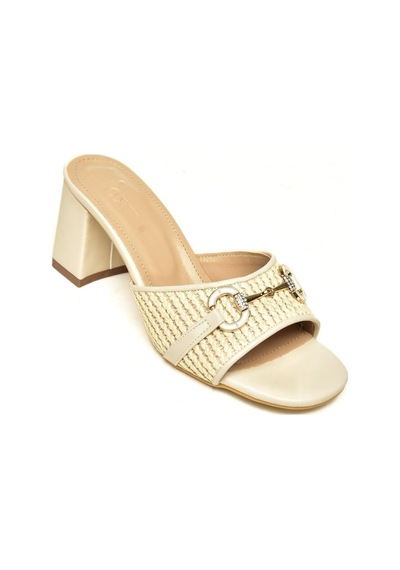 Fox Shoes U578401605 Bej Keten Kalın Topuklu Kadın Terlik Bej-keten Çok Renkli
