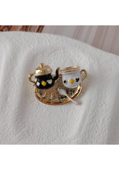Lente Aksesuar Gold Detaylı Mini Çay Seti Broş-sevimli Çay Saati Yaka İğnesi Çok Renkli