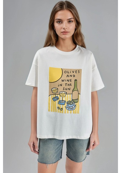 Hiccup Baskılı Oversize Tişört Beyaz