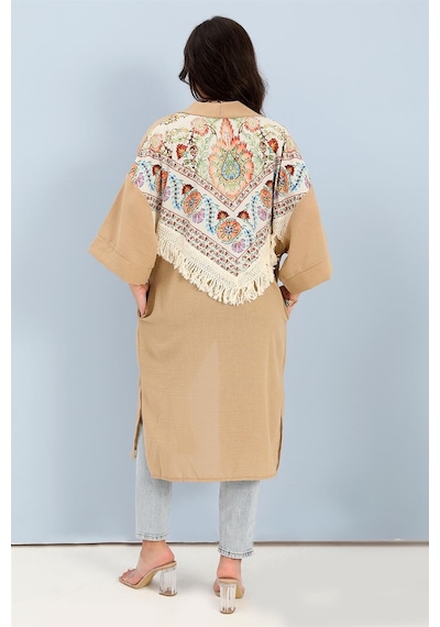 Wpr Kimono Arkası Baskılı Püsküllü Keten - Vizon-vizon Vizon
