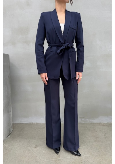 Msm Fashion Kadın İkili Kuşaklı Blazer Ceket Pantolon Takım Lacivert