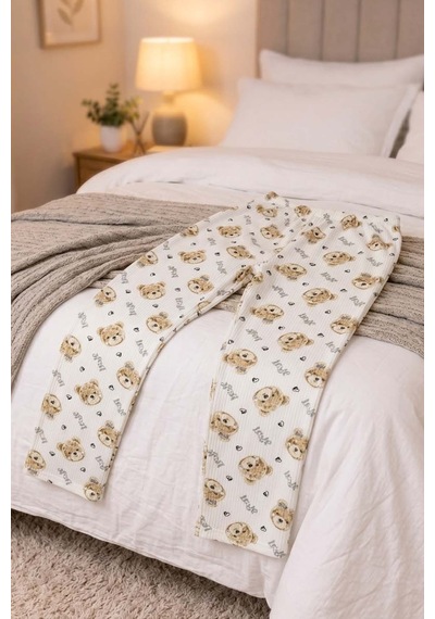 Kadın Pamuklu Desenli Kaşkorse Pijama Takımı Açık Bej