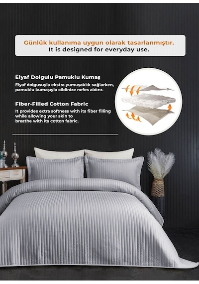 Evlen Home Judy Pamuklu Yatak Örtüsü Pike Takımı Çift Kişilik Çizgili Günlük Sade Düz Gri Gri