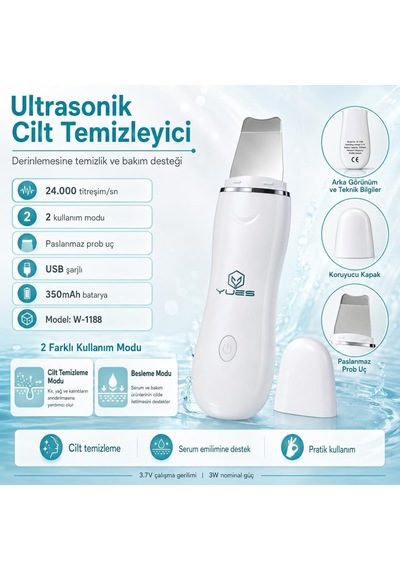 Ultrasonik Cilt Temizleyici Skin Scrubber W-1188, Siyah Nokta Ve Gözenek Temizleme Cihazı, 24.000 Titreşim/sn, 2 Modl