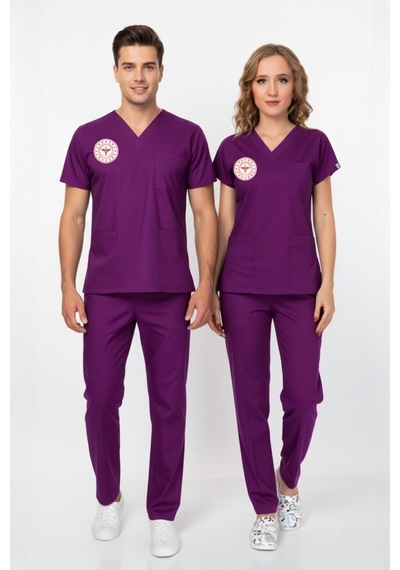 Unisex Byzantium Mor Soft Likra Scrubs Ebe Üniforma Takımı Sağlık Bakanlığı Yeni Yönetmeliğe Uygun Mor