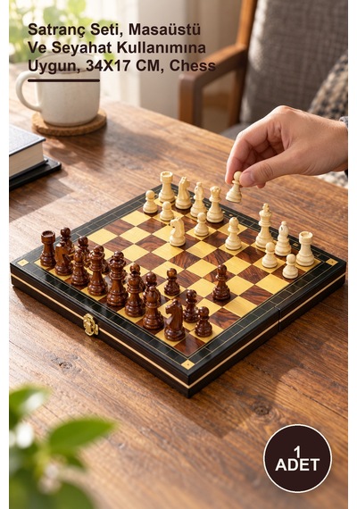 1 Adet Ahşap Mıknatıslı Hazneli Satranç Takımı Satranç Seti, Masaüstü Ve Seyahat Kullanımına Uygun, 34x17 Cm, Chess