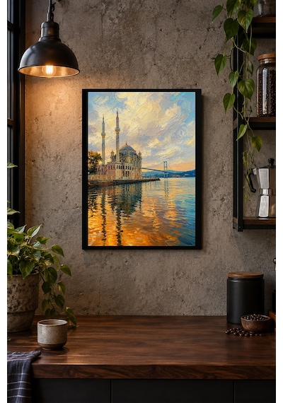 Cami Ve Su Yansıması Desenli Dekoratif Mdf Tablo, Çerçeve Görünümlü Ahşap Poster