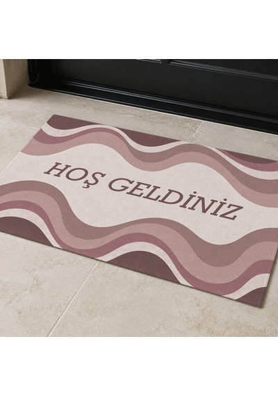 Kartela Halı Hoş Geldiniz Yazılı Retro Dalga Kapı Paspası Gül Kurusu Kaymaz Kauçuk Taban 50x75 Cm