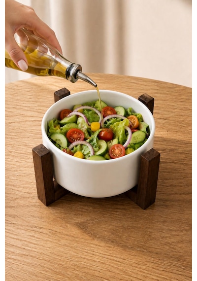 Ahşap Standlı Seramik Kase Bowl Salata Tabağı Sunumluk Ve Sosluk 14 Cm