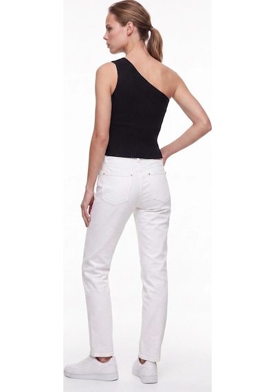 CEMO Kadın Yüksek Bel Mom Fit Düz Paça Jean Pantolon Beyaz