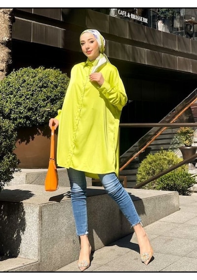 Vioshine Vıoshıne Kadın Yağ Yeşili Oversize Saten Gömlek - Yağ Yeşili Yeşil