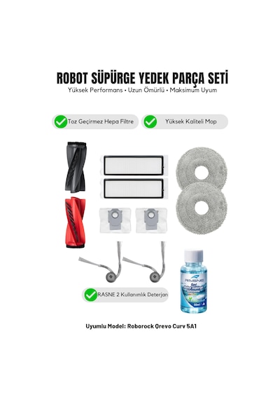 Roborock Qrevo Curv 5a1 İle Uyumlu 1 Ana Fırça 2 Yan Fırça 2 Filtre 2 Mop 1 Deterjan 2 Toz Torbası 7.0