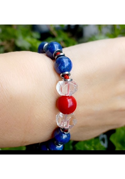 2752 Lapislazuli Mercan Kristal Kuvars Hematit Düğümlü El Yapımı Bileklik Kırmızı - Lacivert