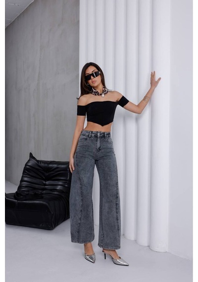 Zdnjeans Kadın Yüksek Bel Gri Wide Leg Palazzo Jean Pantolon Antrasit