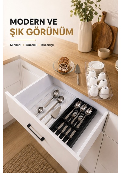 Çekmece İçi Kaşıklık Organizer Bölmeli Mutfak Düzenleyici Siyah S-11030