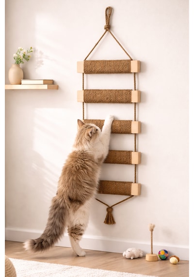 Ahşap Kedi Tırmanma Merdiveni Ve Duvar Köprüsü - Jüt İpli, 5 Basamak, 50 Cm