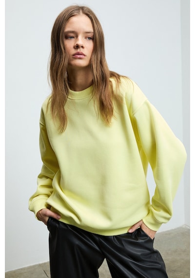 Grımelange KARIUS Kadın Organik Pamuklu İçi Polarlı Oversize Yuvarlak Yakalı Sarı Sweatshirt