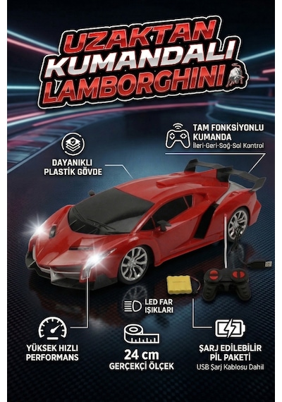 Uzaktan Kumandalı Şarjlı Araba 24 Cm Işıklı Ferrari & Lamborghini Model Full Fonksiyonlu Oyuncak Kırmızı Lamborghini