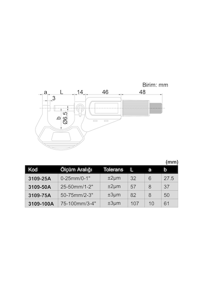 Insize 3109-25 Dijital Mikrometre 0-25 mm